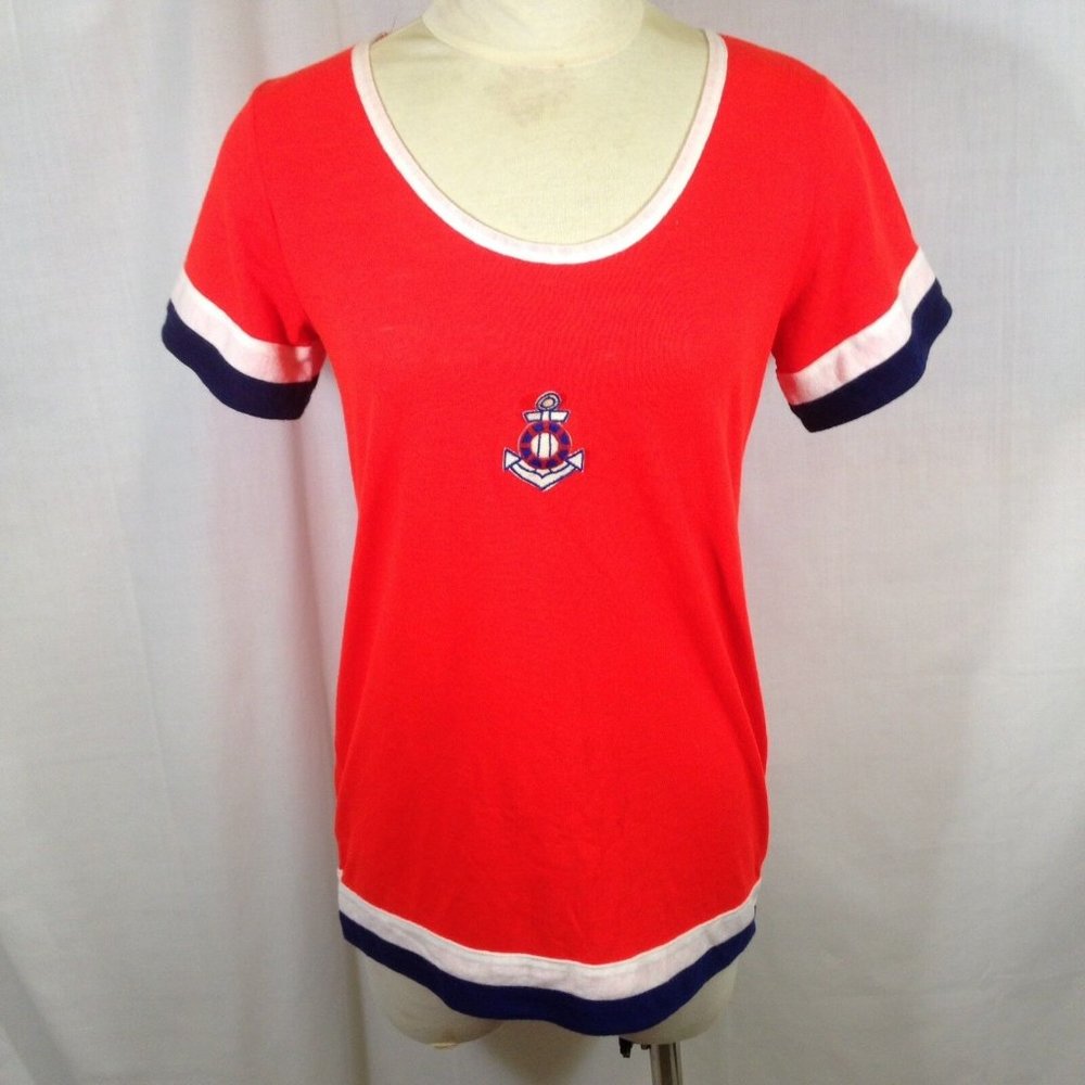 Vtg Montgomery Ward Nautical Lightweight Acrylic Shirt Sweater Patch Red Scoop M